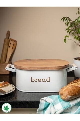 Ahşap Kapaklı Ahşap Kulplu Metal Ekmeklik Bread Baskılı - Beyaz Beyaz