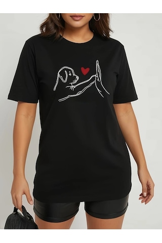 Kadın Kısa Kollu Bisiklet Yaka Köpek Baskılı Viskon Bluz Karışık