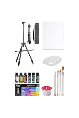 Rich Mastermix Akrilik Boya Seti 6x60cc Ana Renk 3 Ayaklı Şövale 35x50 Tuval Seti Metal Şövale Seti