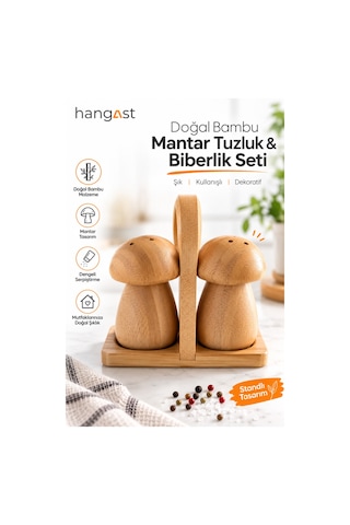 Doğal Bambu Mantar Tuzluk Biberlik Seti 2 Li Baharatlık Standlı Dekoratif Tuz Biber Seti Bej