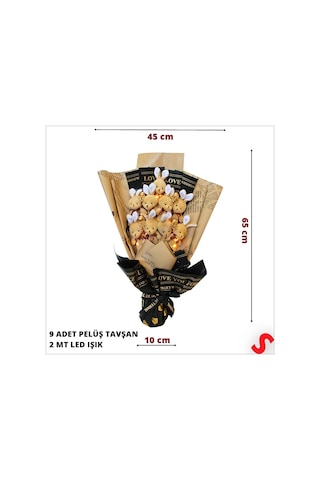 9 Kahve Pelüş Tavşanlı Led Işıklı Buket, 65cm x 45cm