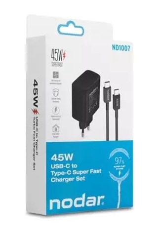 Nodar Nd1007 Usb - Type-c Şarj Seti 45w - Siyah Başlık + Type-C Kablo
