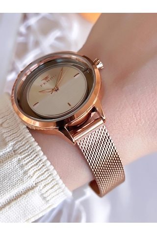 Ferro Hasır Kordonlu Rose Gold Kararmaz Renk Atmaz 3 Atm Özel Tasarım Kadın Kol Saati Bmn8c1112ff