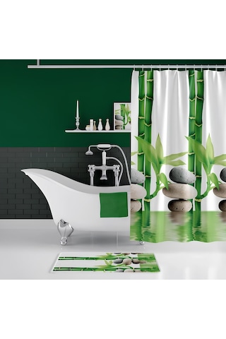 Banyo Paspas Ve Tek Kanat Duş Perdesi 1x180x200 Set Banyo Halısı 10056 Yeşil