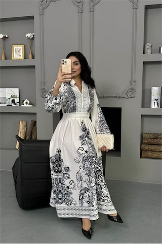 Neşeli Butik Kadın Siyah Güpür Detaylı Atlas Kumaş Desenli İthal Elbise Nbms25109 Siyah