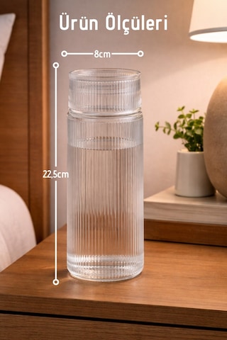 El Yapımı Cam, Pure Modelli Başucu Sürahisi -730ml. Bardaklı Sürahi