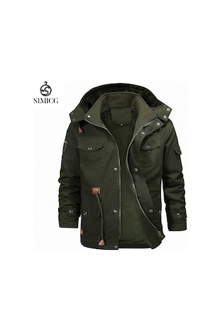 Orta Uzunlukta Pamuklu Dolgulu Ceket, Kalınlaştırılmış Pamuklu Dolgulu Ceket, Kürk Yaka, Sıcak Erkek Kışlık Polar Astarlı Ceket Yeşil