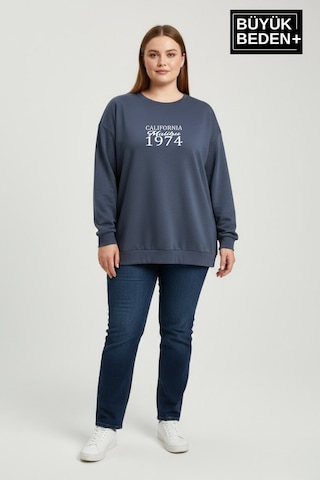 Süperlife Kadın Büyük Beden California 1974 Baskılı Bisilet Yaka İnce Sweatshirt Spr26bswk956-2 İndigo