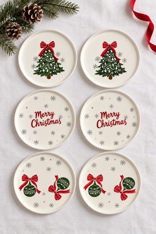 Merry Christmas 6 Lı 16 Cm Yılbaşı Desenli Seramik Pasta Ve Tatlı Tabağı Seti Beyaz