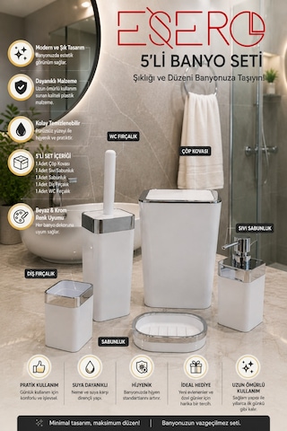Dante 340 Krom Beyaz 5'li Lüks Banyo Aksesuar Seti Beyaz Krom Çöp Kovası Wc Fırçalık Sıvı Sabunluk Sabunluk Diş Fırçalık Modern Banyo Seti
