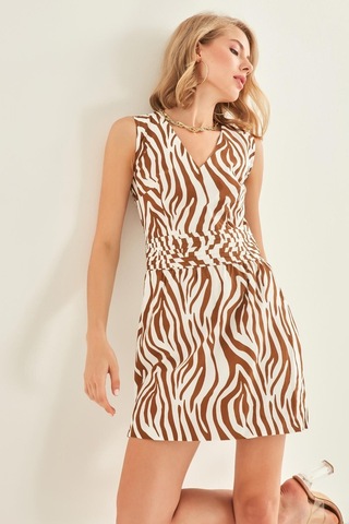 Vitrin Zebra Desenli V Yaka Elbise Kahve