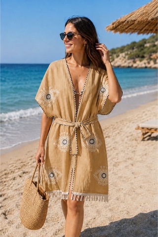 Genel Markalar 3 Kat Jakarlı Kadın Hardal Desenli Kuşaklı Plaj Kimono Pareo Saçaklı Yazlık Plaj Elbisesi Beden :l-xl Altın Altın
