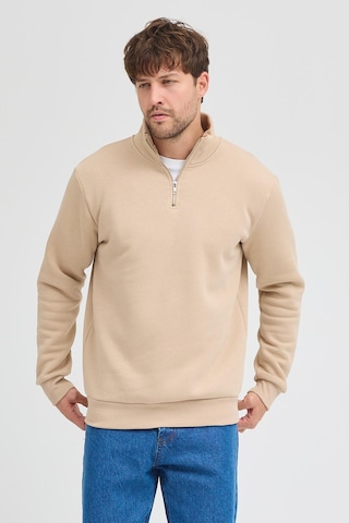 Unisex Regular Fit Rahat Kesim Pamuklu Içi Polarlı Yarım Fermuarlı Bej Dik Yaka Sweatshirt Bej