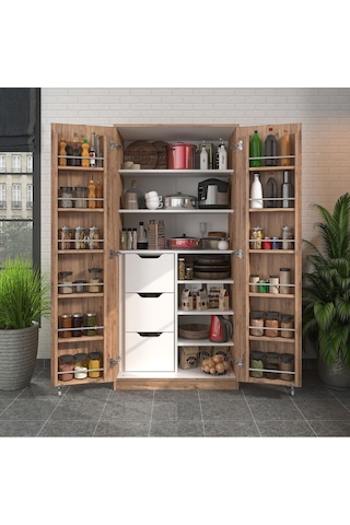 165 Derece Açılabilir 2 Kapaklı, 3 Çekmeceli, Kavanoz Raflı Kiler Ve Erzak Mutfak Dolabı Atlantik Çam