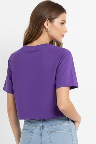 Soft&Basic Kadın Nakışlı Regular %100 Organik Pamuk Yuvarlak Yaka Kısa Crop T-shirt Mor