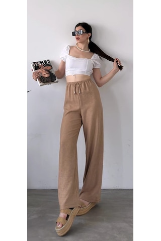 Blue Trend Kadın Düz Renk Keten Bel Lastikli Bol Paça Pantolon Bej