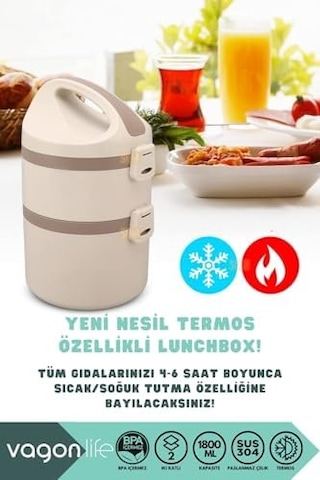 Bento 1800ml Lunchbox 2 Katlı 4-6 Saat Sıcak/soğuk Termos Özellikli Çelik Sefer Tası Yemek Kutusu Bej Bakır