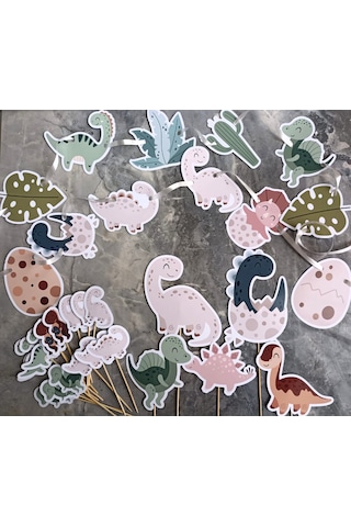 32 Parça Dinozor Temalı Dev Set Çocuk Kutlama Doğum Günü Süsü Banner Pasta Kürdanı Cupcake +0