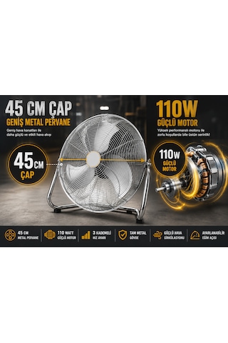 45 Cm Metal Sanayi Tipi Yer Vantilatörü 110w 3 Kademeli Güçlü Endüstriyel Fan Tam Metal Gövde