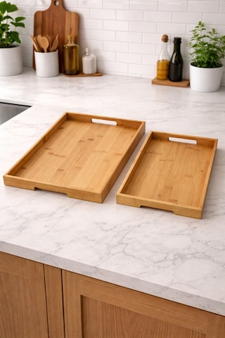 Makri Home %100 Bambu 2 Li Tepsi Seti, Büyük Tepsi: 38 X 27 X 3 Cm, Küçük Tepsi: 35 X 23 X 3 Cm Sarı