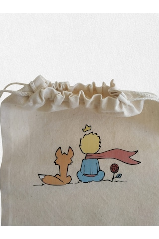 Küçük Prens Desenli Büzgülü Ham Bez Kese 20x30 Cm, 3 Adet Açık Bej