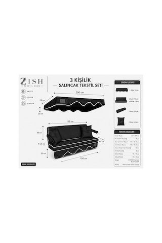 Zishome 3 Kişilik Bahçe Balkon Salıncağı Tekstil Seti 150x48x8 Cm Minder Ölçüsü Oturak Sırt Minderi Ve Tente Takımı Antrasit Metal İskelet Dahil Değildir
