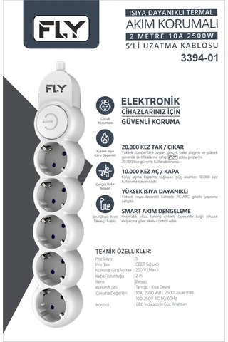 Fly 3394-01 5 Soket Akım Korumalı Priz 2.1a Anahtarlı 2mt Kablo Beyaz 1923 Standart