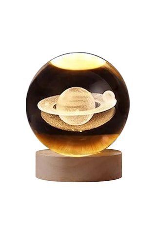 Yunboo 6cm Kristal Top + Ahşap Tabanlı 3d Lazer Gravürlü Ay Galaksi Led Gece Lambası Şeffaf