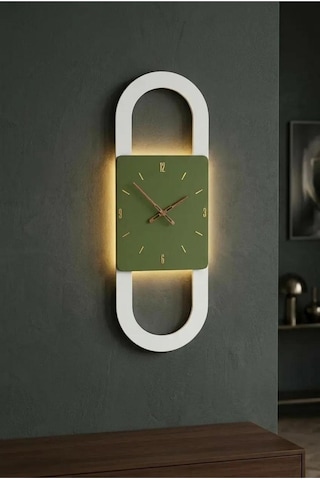 Berlin Ahşap Salon Duvar Saati Pilli Ledli Quartz Ultra Sessiz Mekanizma 28 Cm X 85 Cm Haki