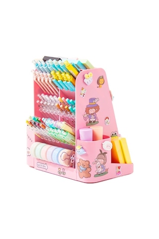 Pratik Döner Mekanizmalı Öğrenciler İçin Geniş Kapasiteli Masaüstü Organizasyon Kutusu Çok Amaçlı Kalemlik Ve Kırtasiye Depolama Çözümü Pembe