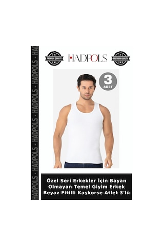 Hadpols Özel Seri Erkekler İçin Bayan Olmayan Temel Giyim Erkek Beyaz Fitilli Kaşkorse Atlet 3'lü
