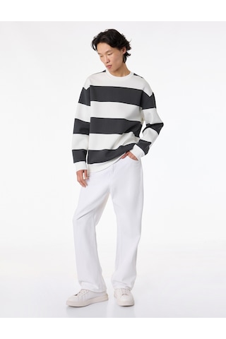Koton Uzun Kollu Şardonlu Bisiklet Yaka Oversize Sweatshirt Gri Çizgili 6wam70298mk Gsr
