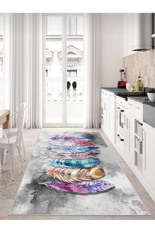 Gri Kaymaz Tabanlı Halı Makinede Yıkanabilir Halı Yolluk Gri