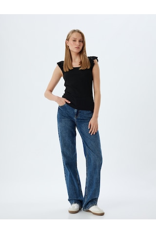 Koton Fırfırlı Karpuz Kol Tişört Yuvarlak Yaka Ribanalı Slim Fit Siyah 5wak10179ek Siyah