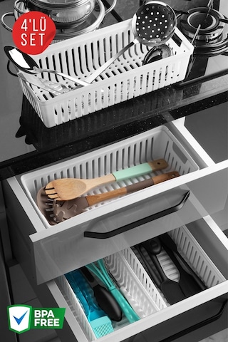 4 Adet Çekmece İçi Bıçaklık & Kaşıklık Organizer Beyaz