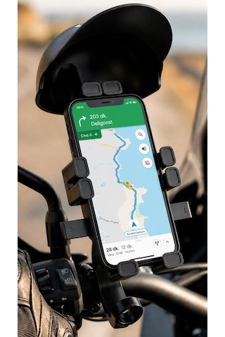 Şapka Korumalı Motosiklet Telefon Tutucu Gidon Ve Dikiz Aynası Uyumlu Siyah
