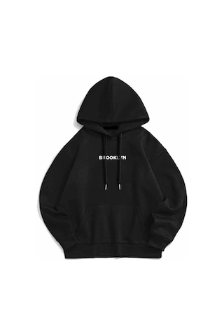 Leone Siyah Broklyn Baskılı Oversize Kapüşonlu Swetshirt SIYAH