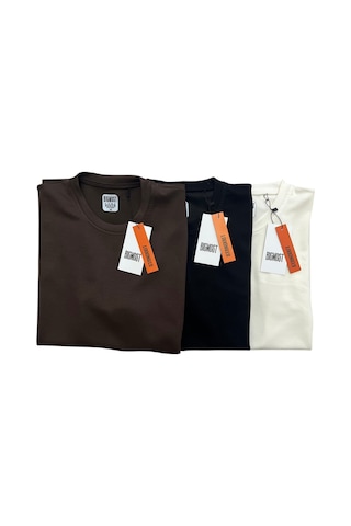 Bigmost Erkek 3'lü Set Premium Modal Kumaş Regular Fit Basic Tişört Kahve - Siyah - Krem