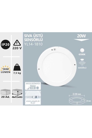20w Sıva Üstü Sensörlü Beyaz Led Panel Yl14-1810 Beyaz