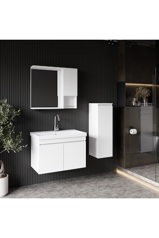 Karen Banyo Deniz 80 Cm Lavabolu, Aynalı Banyo Dolabı, Lavabo Dahil, Boy Dolabı Dahil, Beyaz