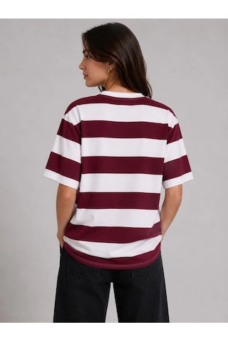Novalisse Kadın Çizgili Oversize Tişört Bisiklet Yaka Kısa Kol Yazlık T-shirt - Bordo Çoklu Renk