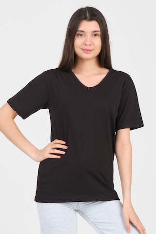 As Collection Siyah V Yaka Kısa Kol Örme Kadın T-shirt Siyah