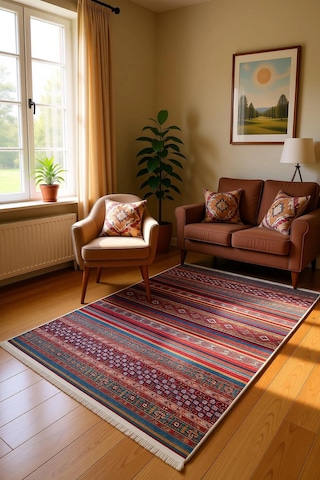 Blghome Renkli Çizgiler Modern Halı Dekoratif Kilim Kırmızı