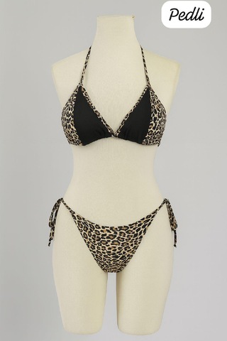 Moda Dua Kadın Siyah Ve Leopar Detaylı Yandan Bağlamalı Bikini Takımı