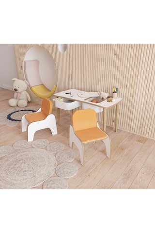 Fahrettin Küçük Montessori Çocuk Masası Oyun Masası Aktivite Masası Çalışma Masası - 2 Adet Puflu Sandalyeli Beyaz - Turuncu