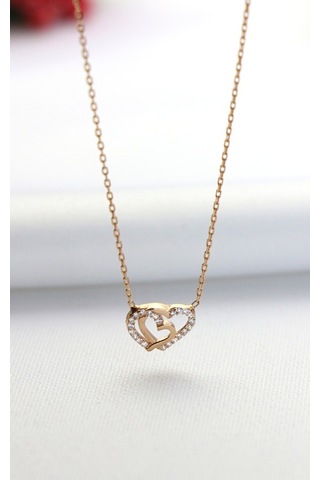 Çift Kalpler Rose Gold Minimal Gümüş Kolye-Rose Gold