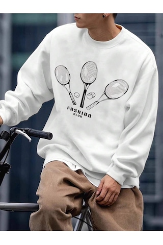 Adrift Letter & Tennis Racket Print Drop Shoulder Sweatshirt Beyaz Beyaz