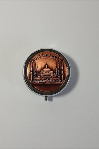 Mini Taşınabilir Cep Küllüğü - Mini Cep Küllüğü - Çanta Küllüğü 5cm - Sultanahmet Desenli Kapaklı Metal Mini Kül Tabağı Bakır Rengi