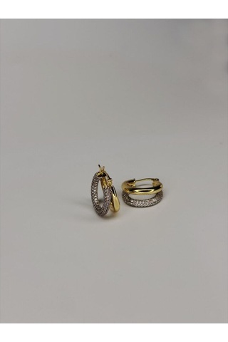 Çift Bantlı Zirkon Taşlı Altın Renk Halka Küpe Kadın Çelik Küpe Altın