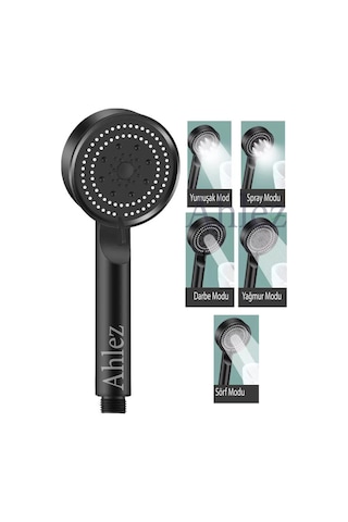 Ahlez Maxima 5 Fonksiyonlu Duş Başlığı + Siyah Duş Hortumu Takımı Siyah